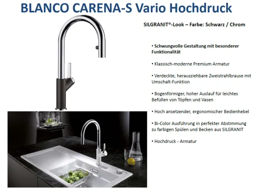 BLANCO Carena-S Vario Silgranit-Look Einhebelmischer mit Zugauslauf verdeckter Auslauf umstellbar