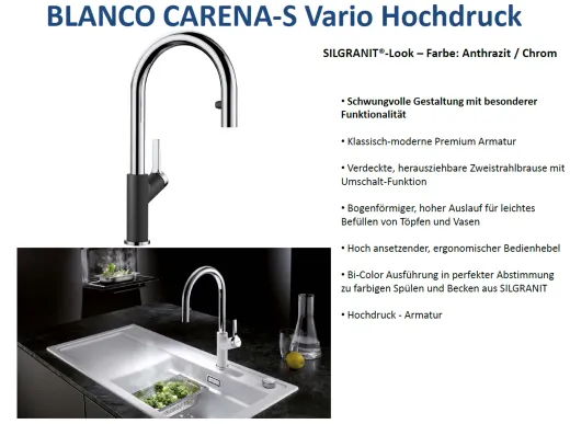 BLANCO Carena-S Vario Silgranit-Look Einhebelmischer mit Zugauslauf verdeckter Auslauf umstellbar