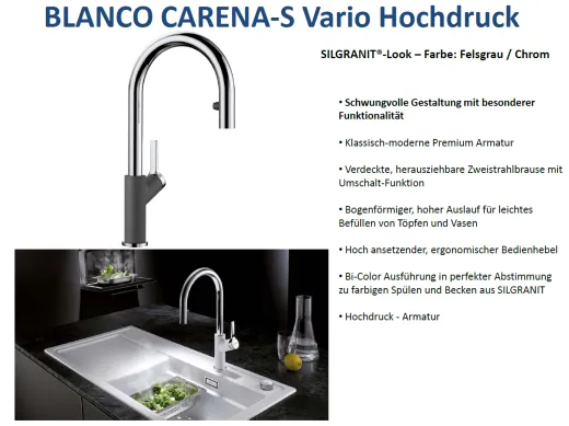 BLANCO Carena-S Vario Silgranit-Look Einhebelmischer mit Zugauslauf verdeckter Auslauf umstellbar