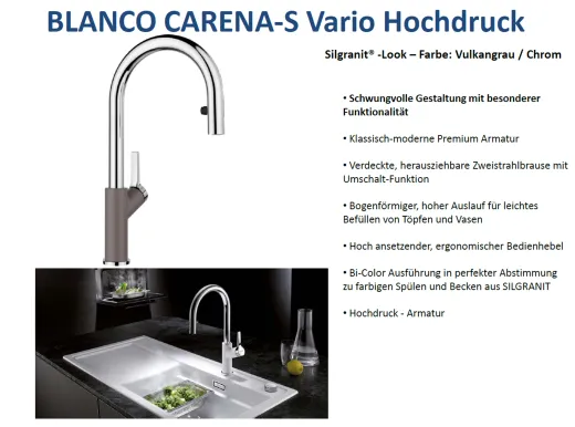 BLANCO Carena-S Vario Silgranit-Look Einhebelmischer mit Zugauslauf verdeckter Auslauf umstellbar