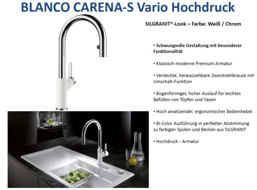 BLANCO Carena-S Vario Silgranit-Look Einhebelmischer mit Zugauslauf verdeckter Auslauf umstellbar