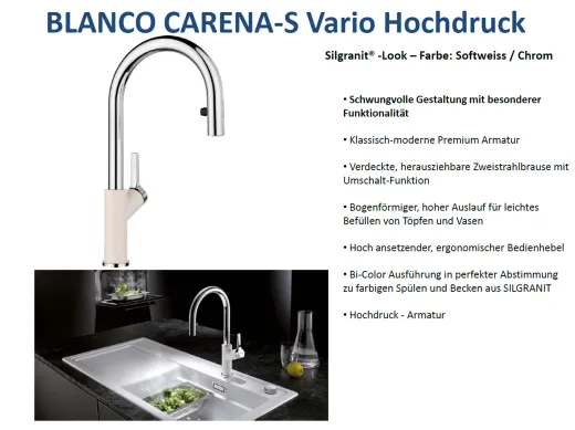 BLANCO Carena-S Vario Silgranit-Look Einhebelmischer mit Zugauslauf verdeckter Auslauf umstellbar
