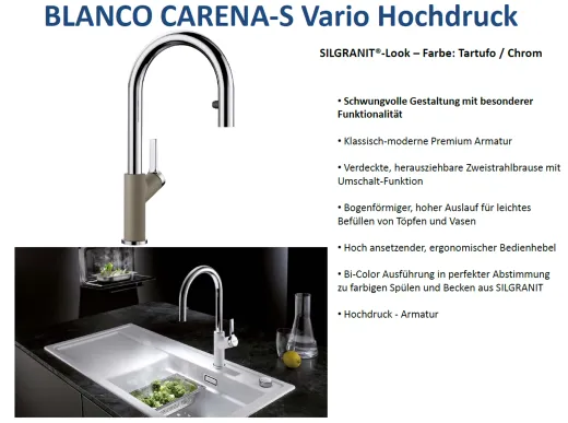 BLANCO Carena-S Vario Silgranit-Look Einhebelmischer mit Zugauslauf verdeckter Auslauf umstellbar