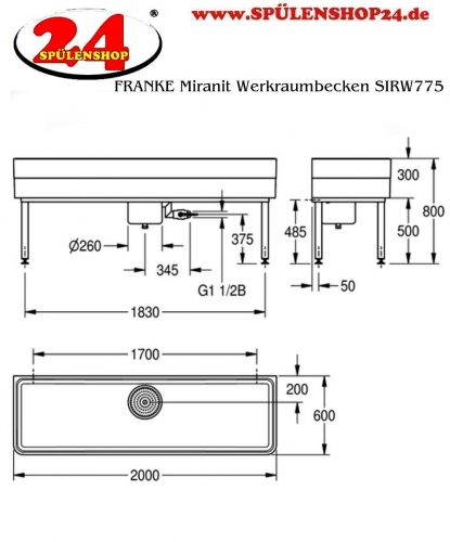 KWC PROFESSIONAL Miranit Werkraumbecken SIRW775 Reinigungsbecken / Schlammfangbecken Mineralgranit (2000x600mm)