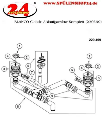 BLANCO Ablaufgarnitur 2 x 3,5'' Sieb ohne Ablauffernbedienung berlauf oval/horizontal Ablaufgarnitur Komplett Serie: Classic (220499)