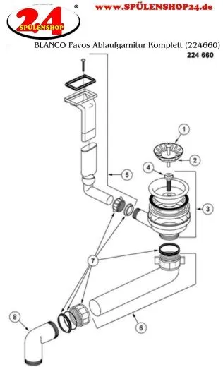 BLANCO Ablaufgarnitur 1 x 3,5'' Sieb ohne Ablauffernbedienung berlauf rechteckig/horizontal Komplett Serie: Favos (224660)