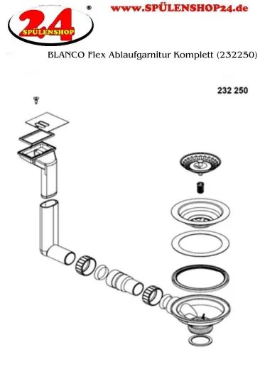 BLANCO Ablaufgarnitur 1 x 3,5'' Sieb ohne Ablauffernbedienung berlauf eckig horizontal Komplett Serie: Flex Pro (232250)