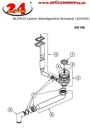 BLANCO Ablaufgarnitur 3,5'' Sieb Tropfauslauf rechteckig/horizontal Komplett Serie: Lantos, Plus, Zia (220326)