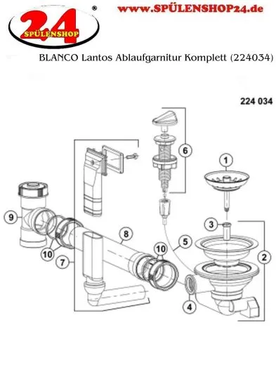 BLANCO Ablaufgarnitur 1x3,5 mit Ablauffernbedienung berlauf eckig Komplett Serie: Dana, Dinas, Lantos, Lemis, Livit, Median, Tipo, Toga (237859)