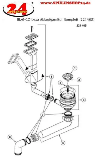 BLANCO Ablaufgarnitur 1 x 3,5'' Sieb ohne Ablauffernbedienung berlauf rechteckig/horizontal Komplett Serie: Lexa (221405)