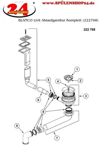 BLANCO Ablaufgarnitur 3,5'' Sieb ohne Ablauffernbedienung berlauf rechteckig/horizontal Komplett Serie: Livit, Zia (222768)