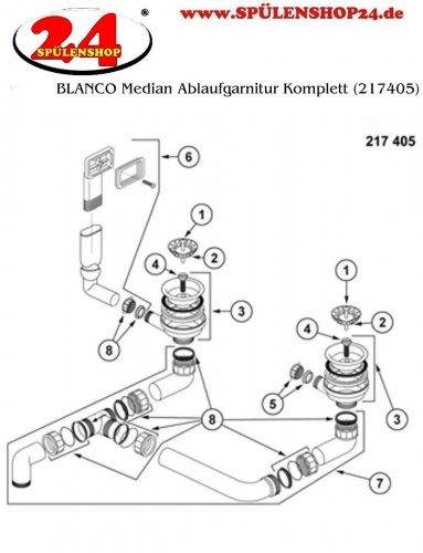 BLANCO Ablaufgarnitur 2 x 3,5'' Sieb ohne Ablauffernbedienung berlauf rechteckig Komplett Serie: Median (217405)