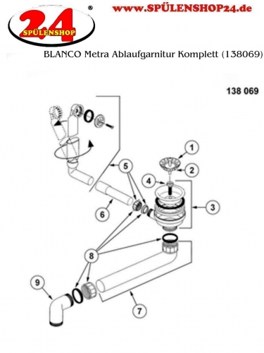 BLANCO Ablaufgarnitur 3,5'' Sieb ohne Ablauffernbedienung runder berlauf Komplett Serie: Classic, Dana, Metra, Plus, Tipo, Sona (138069)