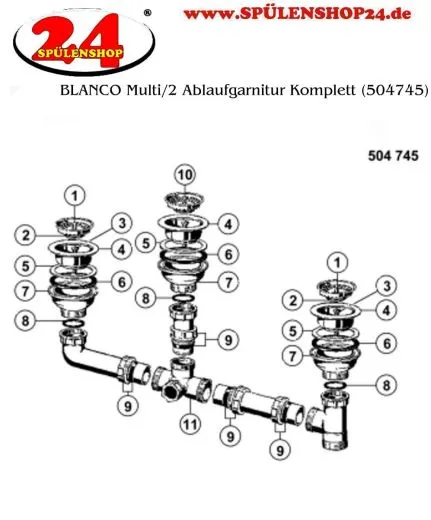 BLANCO Ablaufgarnitur 3 x 3,5'' Sieb manuell Ablaufgarnitur Komplett Serie: Multi/2, Mirage/2 (504745)