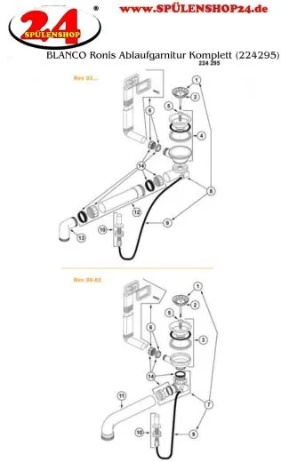 BLANCO Ablaufgarnitur 1 x 3,5'' Sieb mit Zug-Ablauffernbedienung berlauf eckig Ablaufgarnitur Komplett Serie: Ronis (224295)