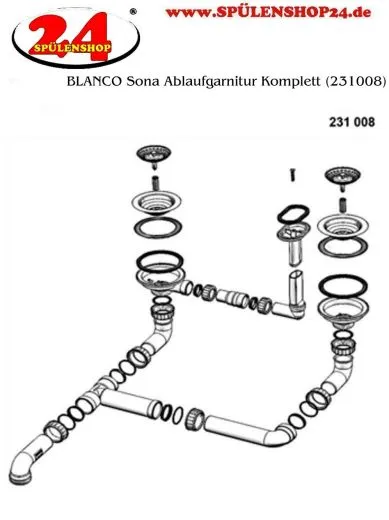 BLANCO Ablaufgarnitur 2 x 3,5'' Sieb ohne Ablauffernbedienung berlauf oval/horizontal Inbus Ablaufgarnitur Komplett Serie: Sona (231008)