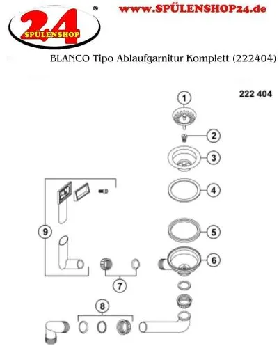 BLANCO Ablaufgarnitur 1 x 3,5'' Sieb ohne Ablauffernbedienung berlauf rechteckig Komplett Serie: Tipo (222404)
