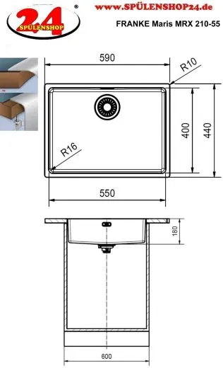 FRANKE Kchensple Maris MRX 210-55 Edelstahlsple Slimtop / Flchenbndig mit Siebkorb als Drehknopfventil