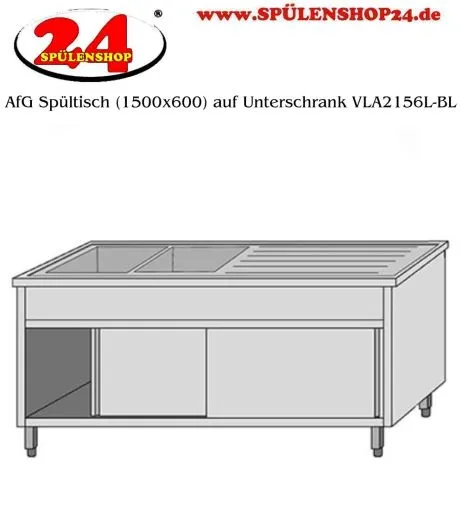 AfG Spltisch (1500x600) auf Unterschrank VLA2156L-BL Gewerbesple mit Untergestell, Boden und Tren