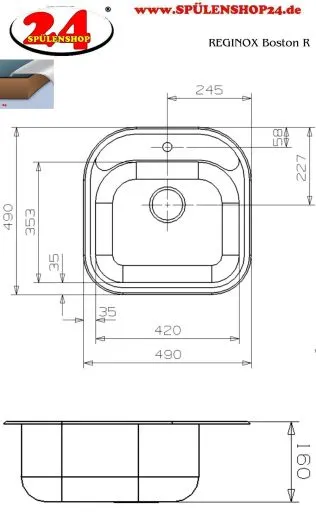 REGINOX Kchensple Boston R Einbausple Edelstahl mit Einbaurand Siebkorb als Stopfenventil