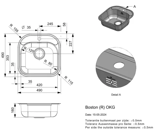 REGINOX K�chensp�le Boston R Einbausp�le Edelstahl mit Einbaurand Siebkorb als Stopfenventil