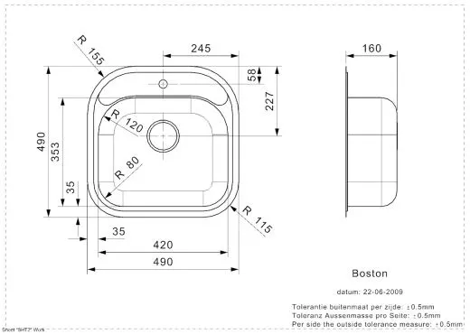 REGINOX K�chensp�le Boston (L) OKG Einbausp�le Edelstahl mit Flachrand Siebkorb als Stopfenventil