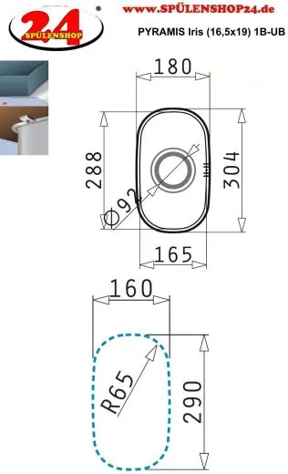 PYRAMIS Kchensple Iris (16,5x29) 1B Unterbausple / Edelstahlsple mit Siebkorb als Stopfenventil