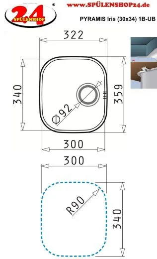 PYRAMIS Kchensple Iris (30x34) 1B Unterbausple / Edelstahlsple mit Siebkorb als Stopfenventil