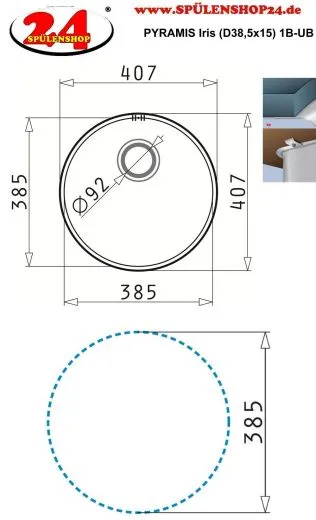 PYRAMIS Kchensple Iris (38,5x15) 1B Unterbausple / Rundbecken mit Siebkorb als Stopfenventil