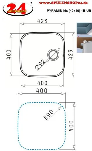 PYRAMIS Kchensple Iris (40x40) 1B Unterbausple / Edelstahlsple mit Siebkorb als Stopfenventil