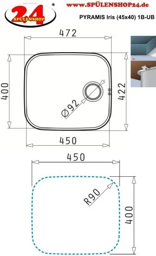PYRAMIS Kchensple Iris (45x40) 1B Unterbausple / Edelstahlsple mit Siebkorb als Stopfenventil