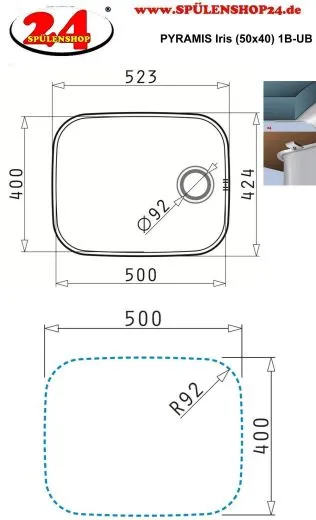 PYRAMIS Kchensple Iris (50x40) 1B Unterbausple / Edelstahlsple mit Siebkorb als Stopfenventil