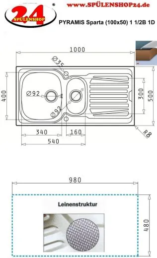PYRAMIS Kchensple Sparta (100x50) 1 1/2B 1D Einbausple / Edelstahlsple Leinenoptik Siebkorb als Drehknopfventil