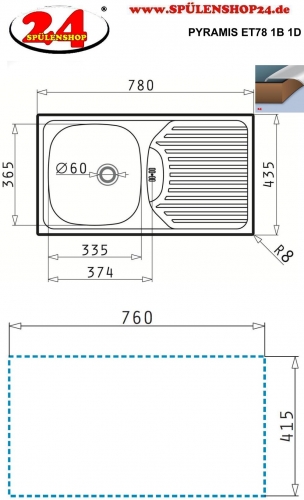 PYRAMIS Küchenspüle ET78 (78x43,5) 1B 1D Einbauspüle / Edelstahlspüle mit Stopfenventil