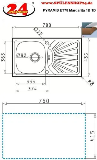 ✅ PYRAMIS Kchensple ET78 (78x43,5) Margarita 1B 1D Einbausple / Edelstahlsple Siebkorb als Drehknopfventil