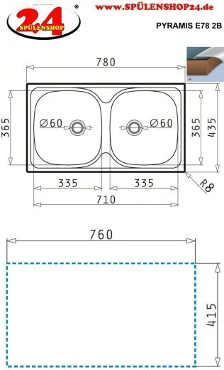 PYRAMIS Kchensple E78 (78x43,5) 2B Einbausple / Doppelsple Ablauf mit Gummistopfen ohne Hahnlochbohrung