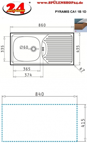 PYRAMIS Küchenspüle CA1 (86x43,5) 1B 1D Einbauspüle / Edelstahlspüle Ablauf mit Gummistopfen ohne Hahnlochbohrung