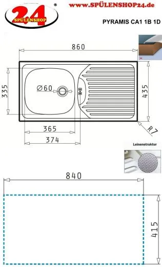 PYRAMIS Kchensple CA1 (86x43,5) 1B 1D Einbausple Leinenoptik Ablauf mit Gummistopfen ohne Hahnlochbohrung