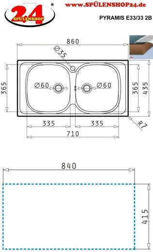 PYRAMIS Kchensple E33/33 (86x43,5) 2B Einbausple / Doppelsple Ablauf mit Gummistopfen