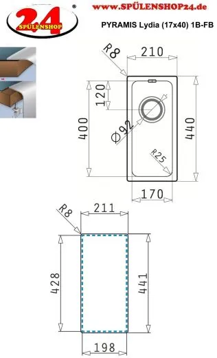 PYRAMIS Kchensple Lydia (17x40) 1B Einbausple Flachrand / Flchenbndig Siebkorb als Stopfen- oder Drehknopfventil