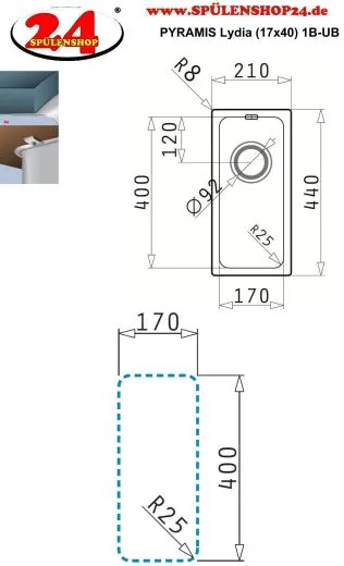 PYRAMIS Kchensple Lydia (17x40) 1B Unterbausple mit Siebkorb als Stopfen- oder Drehknopfventil