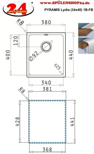 PYRAMIS Kchensple Lydia (34x40) 1B Einbausple Flachrand / Flchenbndig Siebkorb als Stopfen- oder Drehknopfventil