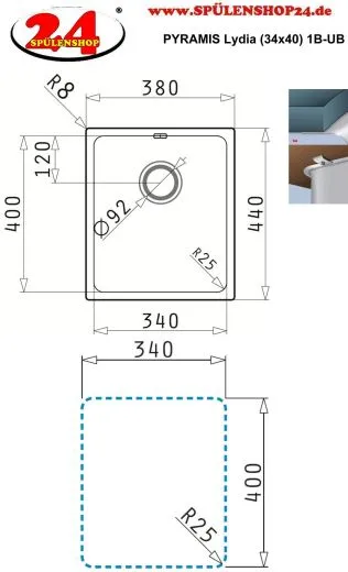 PYRAMIS Kchensple Lydia (34x40) 1B Unterbausple mit Siebkorb als Stopfen- oder Drehknopfventil
