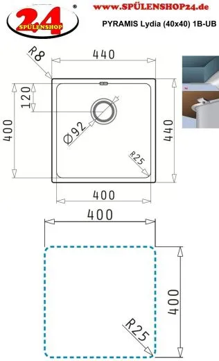 PYRAMIS Kchensple Lydia (40x40) 1B Unterbausple mit Siebkorb als Stopfen- oder Drehknopfventil