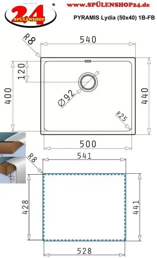 PYRAMIS Kchensple Lydia (50x40) 1B Unterbausple mit Siebkorb als Stopfen- oder Drehknopfventil