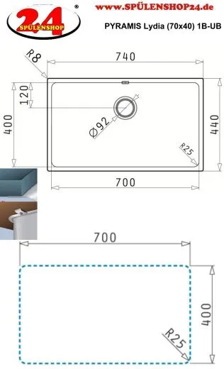 PYRAMIS Kchensple Lydia (70x40) 1B Unterbausple mit Siebkorb als Stopfen- oder Drehknopfventil