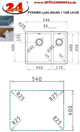PYRAMIS Kchensple Lydia (60x46) 1 1/2B LH Unterbausple mit Siebkorb als Stopfenventil Hauptbecken links