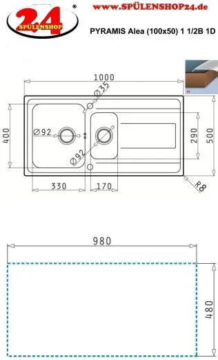 PYRAMIS Kchensple Alea (100x50) 1 1/2B 1D Einbausple / Edelstahlsple Siebkorb als Drehknopfventil