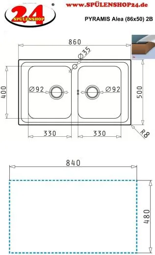 PYRAMIS Kchensple Alea (86x50) 2B Einbausple / Doppelsple Siebkorb als Stopfenventil