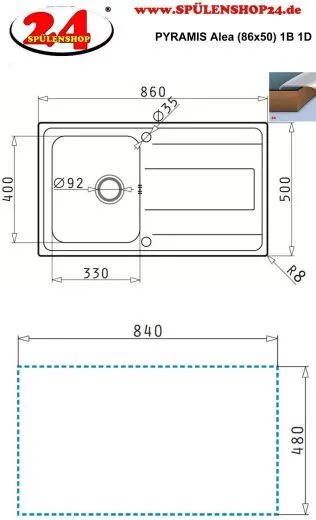PYRAMIS Kchensple Alea (86x50) 1B 1D Einbausple / Edelstahlsple Siebkorb als Drehknopfventil